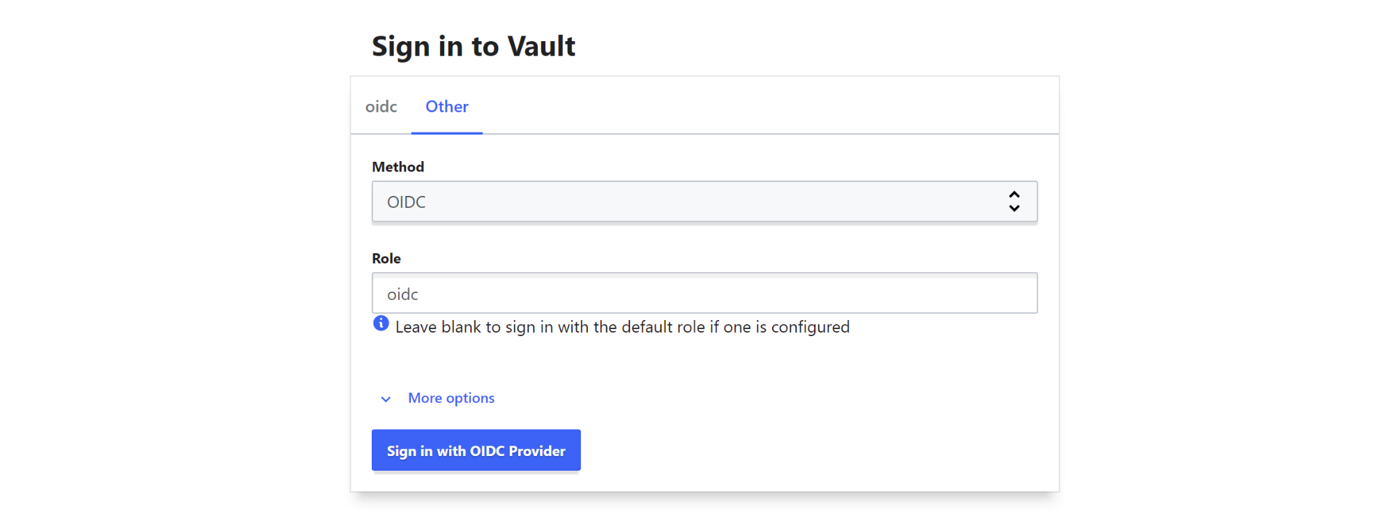 The login page to log in to the Vault web UI, with OIDC as the selected method.