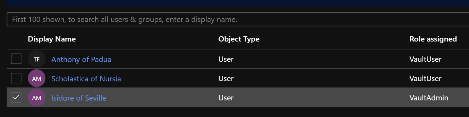List of three users with their assigned Azure AD Application Roles. The users are Anthony, Scholastica and Isidore.